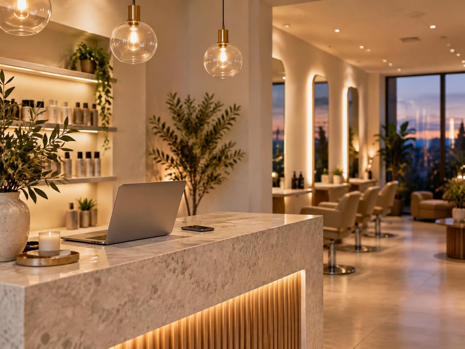 Moderner Empfangstresen eines Salons am frühen Abend mit Laptop und Smartphone im warmen Licht