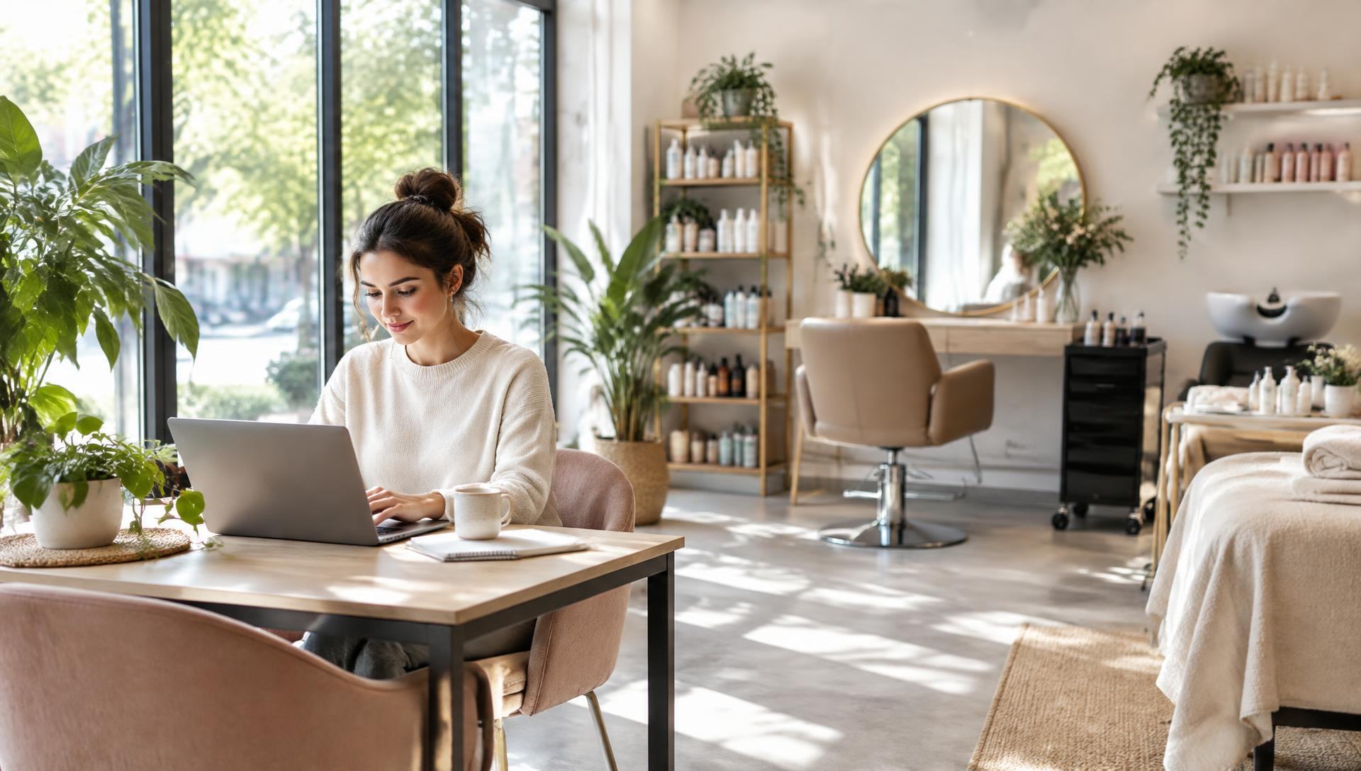 Inhaberin arbeitet am Laptop in einem hellen, modernen Salon